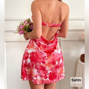 Floral Satin Dress in Red and Pink